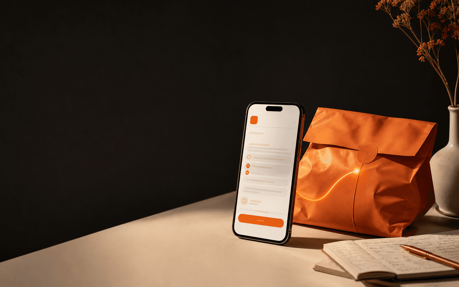A phone beside an orange delivery parcel
